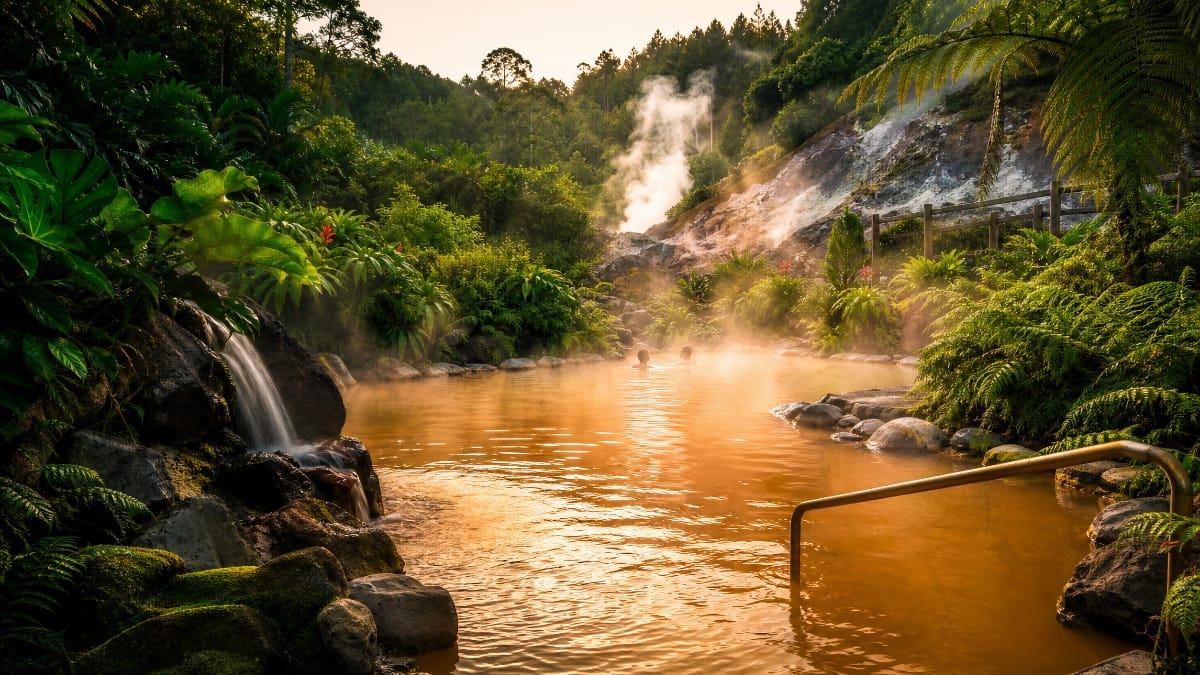 Bassin d’eau chaude ferrugineuse à Furnas entouré de végétation tropicale et de vapeur sur l’île de São Miguel