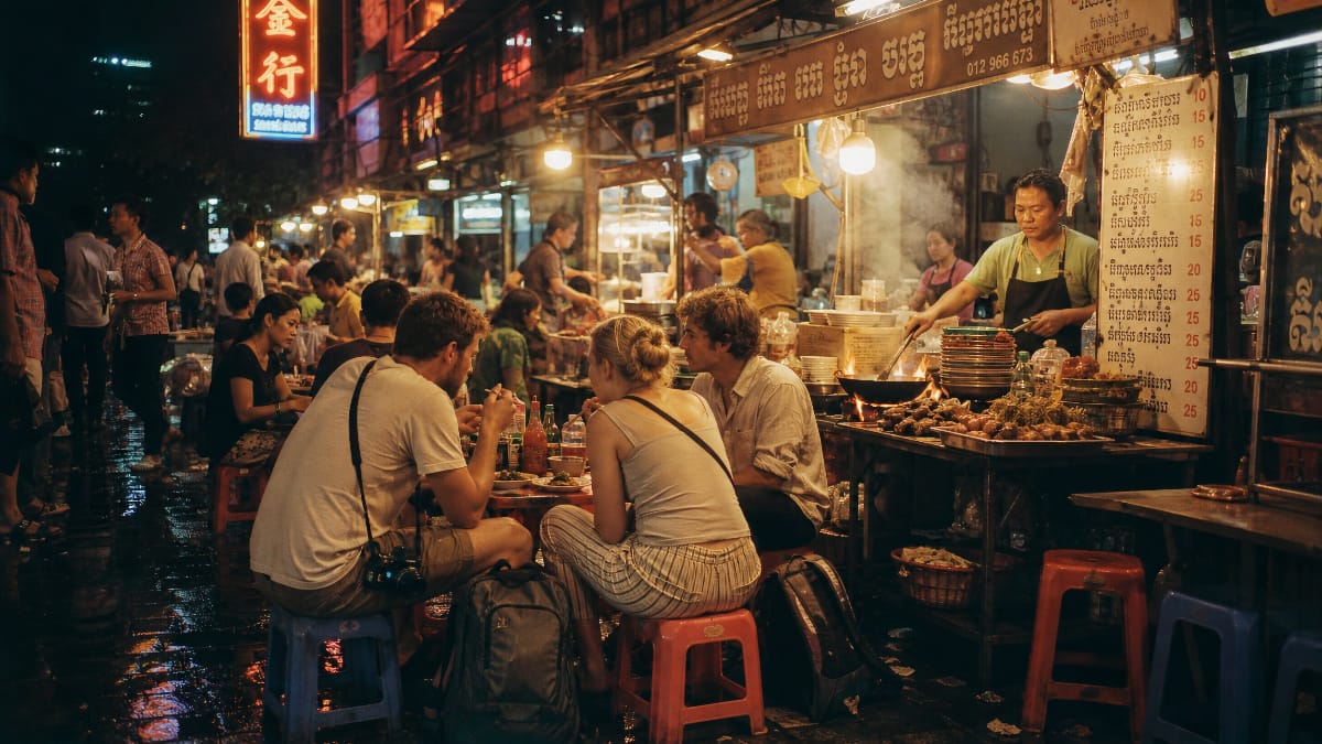 Scène de street food en soirée dans une ville d’Asie du Sud-Est après la pluie, avec voyageurs et habitants autour des stands