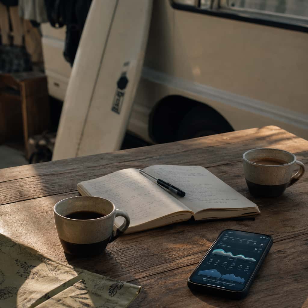 Table de café à Byron Bay avec cafés, carnet et application de surf ouverte