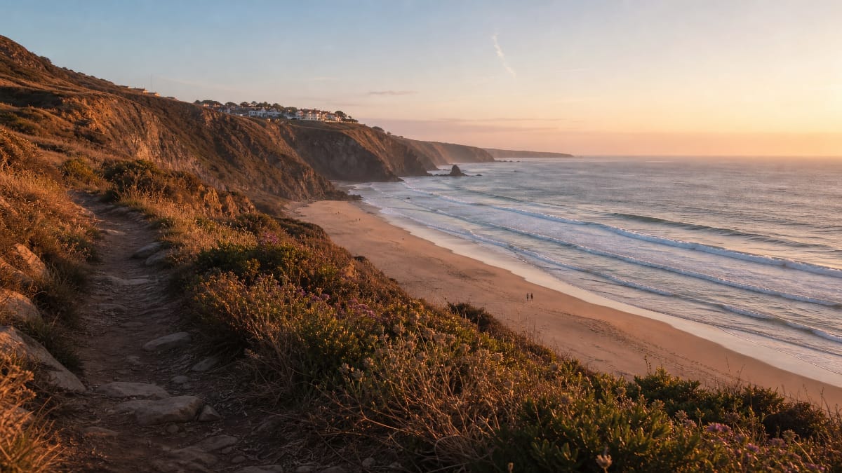Sentier au sommet d’une falaise sur la côte atlantique, plage et vagues en contrebas au coucher du soleil.