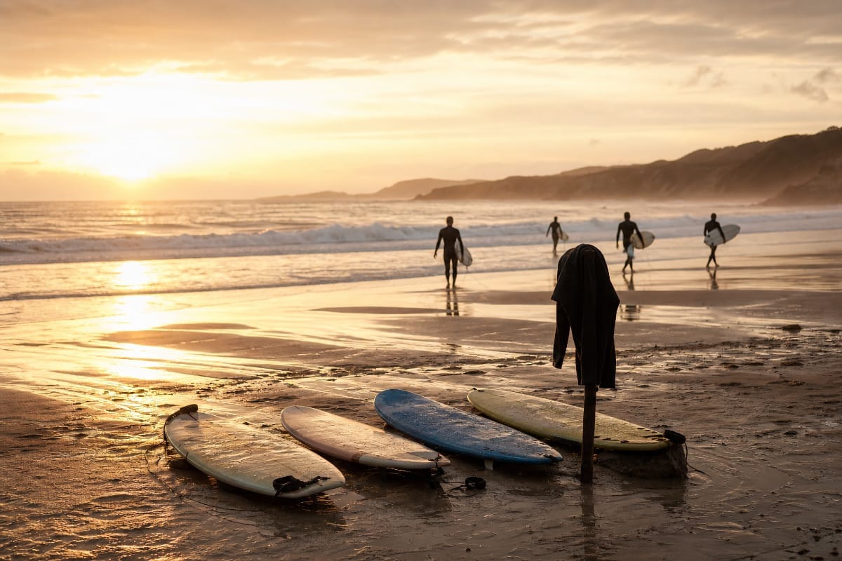 Planches de surf posées sur le sable au coucher du soleil, sur une plage atlantique.