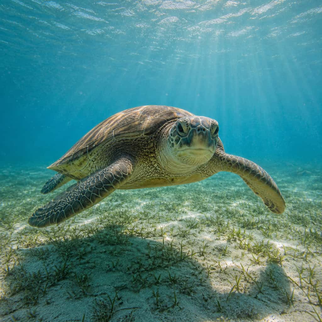 Tortue marine nageant dans l’eau claire à Akumal, au Mexique