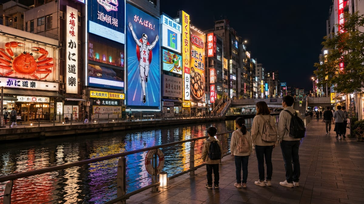 Soirée d’automne à Dotonbori, à Osaka, avec les néons reflétés sur le canal et quelques familles en balade.
