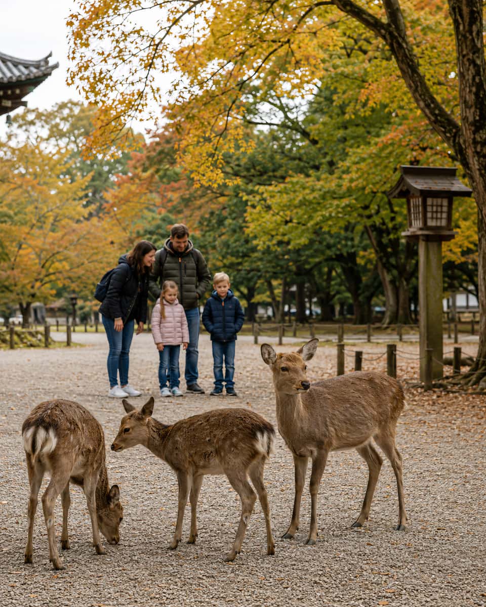 Daim en liberté à Nara, observé à distance par des enfants dans le parc en automne.