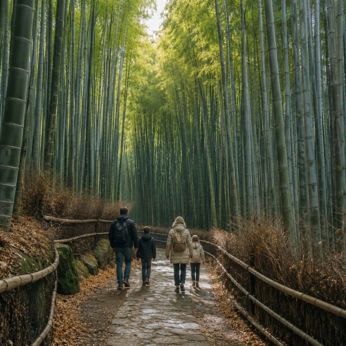 Balade en famille dans la forêt de bambous d’Arashiyama, près de Kyoto, un matin d’automne.